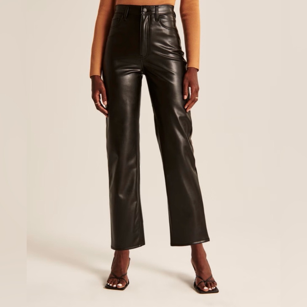 Abercrombie High Rise Black Vegan Faux Leather Pants Straight Ankle Size 14 32